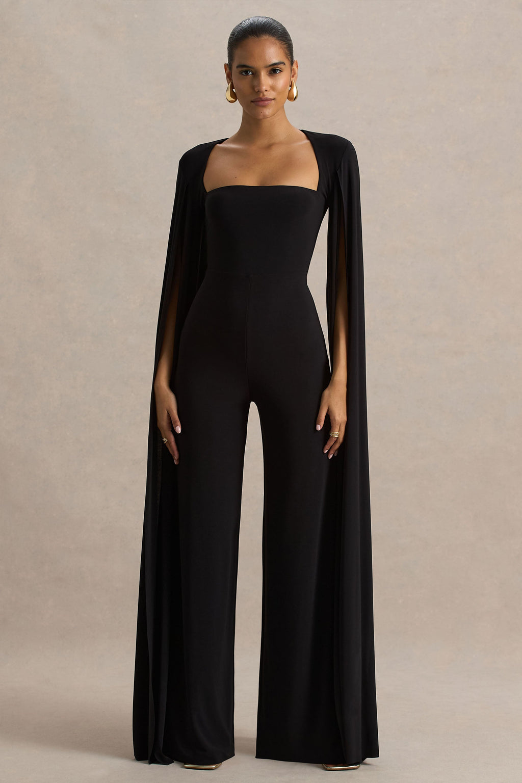 Zara | Black Square-Neck Jumpsuit With Cape Sleeves