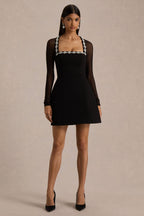 Emmey | Black Crepe And Mesh Square-Neck Mini Dress