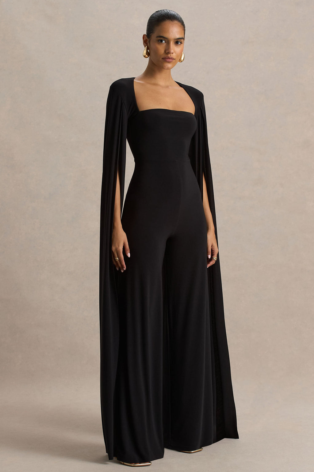 Zara | Black Square-Neck Jumpsuit With Cape Sleeves
